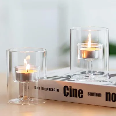 Hot Sale Small Cute Desk Heat Resistant Borosilicate Glass Candle Holders Glass Tealight Cup for Christmas Party Decoration