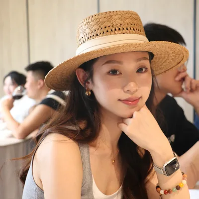 French Style Hollow-out Flat Top Paper Top Hat Women's Summer Seaside Holiday Striped Sunscreen Hat