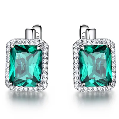 Emerald Green Emerald Cut Cubic Zircon Halo Rectangle Earrings 925 Silver Women Fashion Jewelry Party Daily Wear Birthday Gifts