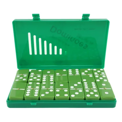 Factory Supply Custom Double 6 Melamine Spinner Dominos Green Colour Domino White Dot Plastic Dominoes Box for Table Game