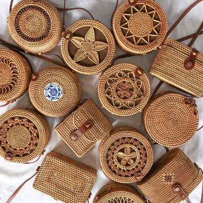 Round Rattan Bag Fashion Cross Body Round Wicker Travel Shoulder Handmade Bag