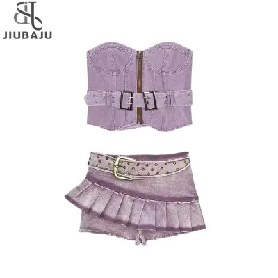 Women Denim Clothing Suits Chic Zipper Slash Irregular Tops + Belt Pleated Jeans Mini Skirt 2-piece Sets