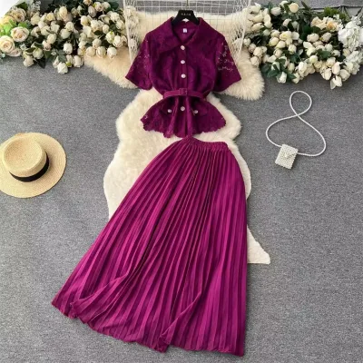 Elegant French-style Two-piece Set for Women: Short-sleeved, Cinched-waist Top + High-waisted Pleated Skirt