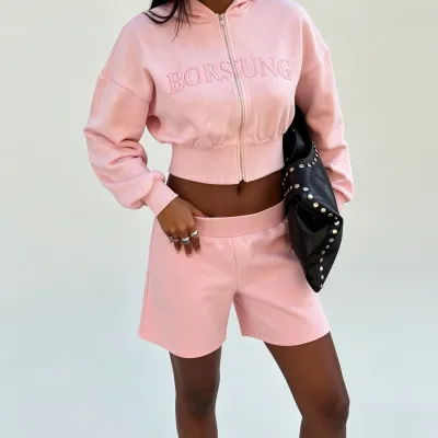 Women's Set Solid Color Hooded Zipper Short-Sleeve Sweatshirt and Shorts Set Customizable Casual Two-Piece Set