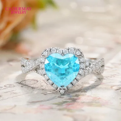 Cadermay Customized Heart 5*5-8*8mm Neon Blue YAG Silver Moissanite Ring for Women Engagement Wedding Jewelry