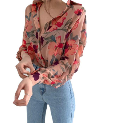Spring Fall Casual Chiffon Shirt Floral Print Sleeve Lapel Button-up Vintage Blouse Elegant Transparent Thin Slim Fit Blouses
