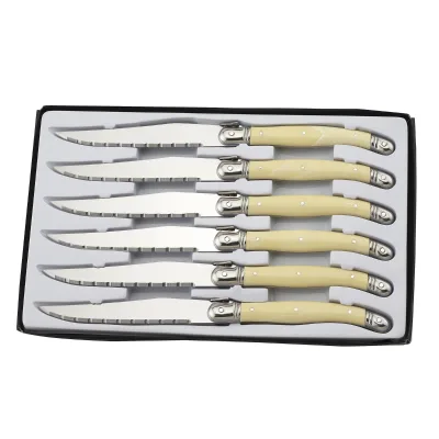 High-quality 6-Piece Ergonomic Stainless Steel Beige Handles Sharp Serrated French Design Camping Use Laguiole Steak Knives