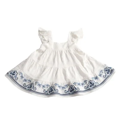 Summer Cotton Linen Embroidery Ruffled Short Sleeves White Girl Dress