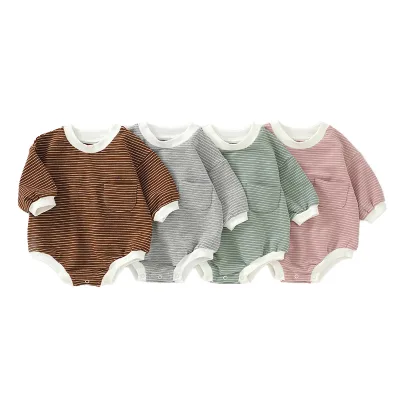 Hot-Selling Cross-Border Organic Cotton One-Piece Romper Jumpsuit Autumn Season Striped Jumpsuit Triangle Ins-Style Knitted