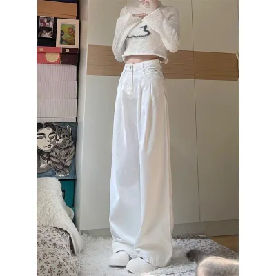 High Quality White High Waisted Wide Denim Pants Stylish American Retro Casual Daily Wear Suitable Commuting Dating Perfect Casu