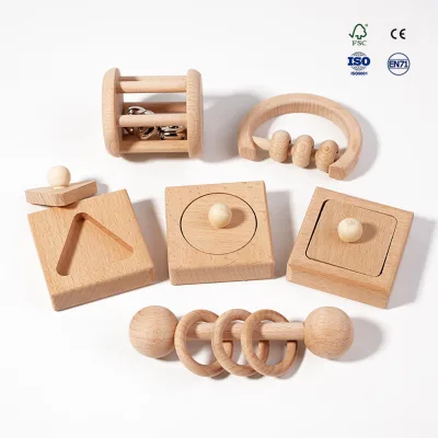 Newborn Wooden Rattle Toy Shape Sorter Toy Six-piece Set Fine Motor Skills Toy Learning Toys for Toddlers 1-3 Years