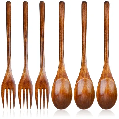 6 Pcs Wooden Forks and Spoons Reusable Wooden Spoons Forks Set