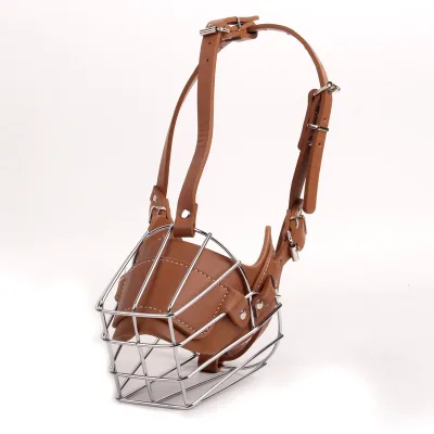 Heavy Duty Metal Basket Dog Muzzle with Adjustable Leather Straps Anti Biting Barking Muzzle for Medium Large Dogs Training