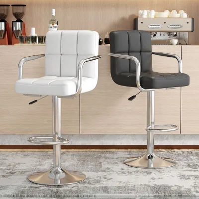 Bar Stool Swivel Gas Lift Adjustable Height Quilted PU Leather Chrome Base Footrest Backrest for Kitchen Island Cafe Barhocker