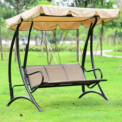 Hot Selling Stable Steel Frame Comfortable Armrests Garden Swings with Adjustable Tilt Canopy Khaki Outside Patio Swing Chairs