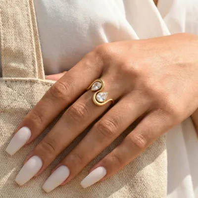 Wholesale Women Gift Finger Jewelry Niche Design Hollow Bezel Inlaid Double Teardrop Zircon Adjustable Open Gold Plated Rings