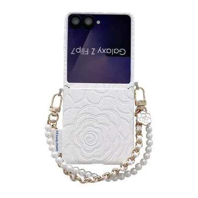 For Samsung Galaxy Z Flip7 5G Side Buckle Embossed Camellia Phone Case with Bracelet(White)