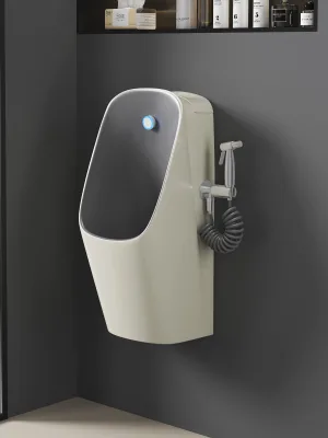 Wall-mounted Ceramic Urinal with Spray Nozzle Featuring Microwave Sensor; One-piece Design for Home Use