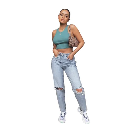 Mid Waist Stylish Roomy Jeans Ripped Denim Pants for Women