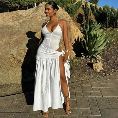 Y0060  2024 Autumn/Winter New Women's Hanging Neck and Exposed Back Jumpsuit with Strap and Hip Wrap Skirt Set
