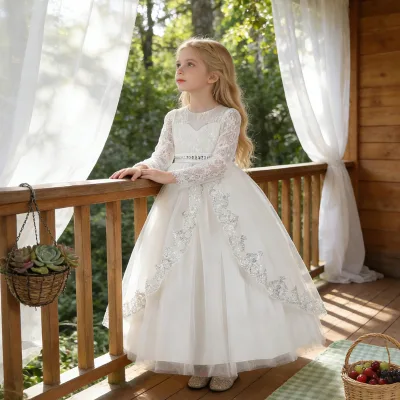 MQATZ GIRL PRINCESS DRESS EVENING GOWN for CHILDREN'S PIANO PERFORMANCE O-NECK FLORAL SATIN BOW Formal Formal SIZE CHILDREN'S