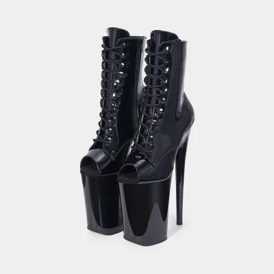 9"(23cm) PU Leather Sexy High Waterproof Black Patent Platform Peep Toe Ankle Boots