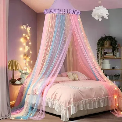 Luxurious Rainbow Color Beautiful Round Mosquito Net for Girls and Children's Bed Folding Mosquito Net