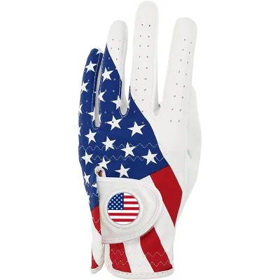Adjustable Synthetic Leather Fiber Golf Gloves Polyurethane Gloves with American Flag Emblem on the Left Hand