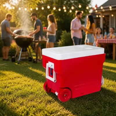 Wholesale High Quality Red Hard Cooler Box Accept Custom Branded 55L Capacity Stay Cooling Cold Ice Cooler Box