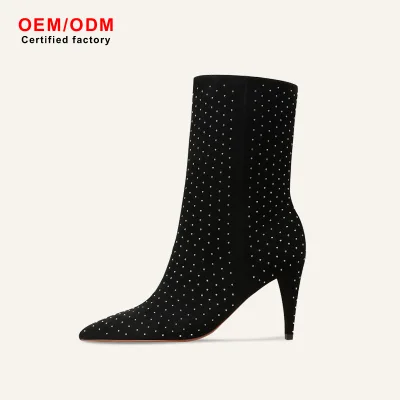 New Arrivals Euro-American Style Slim-Fit Breathable Pointed Ankle Boots Versatile Fashion Cashmere Rhinestones Mid-Calf Boots