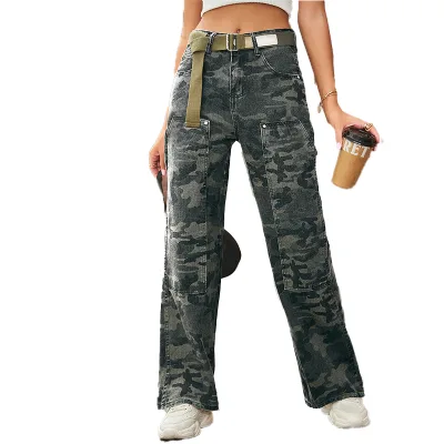 Custom Vintage Camouflage Plaid Print Pattern Ladies Jean Cargo Pants Loose Straight Women Denim Cargo Pants