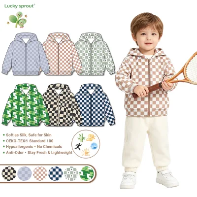 Toddler Grid Print Hooded Zip Coat Elastic Knit Fabric Factory Wholesale Custom Pattern Label Children Sports Casual Jacket
