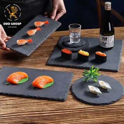 Irregular Edge Black Slate Plate Stone Sushi Serving Tray Food Display Platter Japanese Restaurant Dinner Tableware