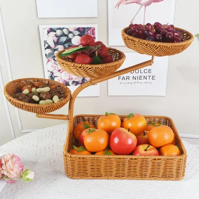 Hongchuang Multi-layer Eco-Friendly Pastoral Style Fruit Basket Natural Rattan Multifunction Storage Dessert Melon Seed Bread