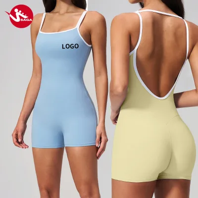 Verified Supplier High Quality Square Neck Backless Tight Fit Shorts Yoga Gym Open Back workout jumpsuits Gym Fitness Sports