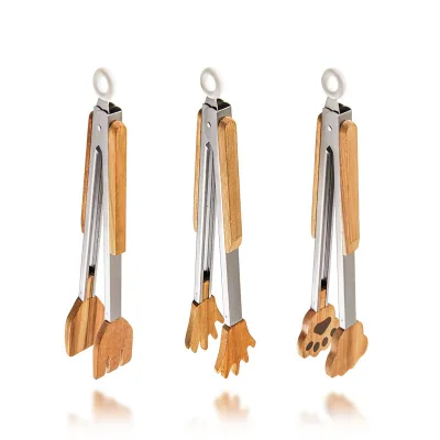 Multipurpose Food Clip Cooking Bbq Serving Tongs Walnut Wood Kitchen Salad Tongs with Safety Locking Handle