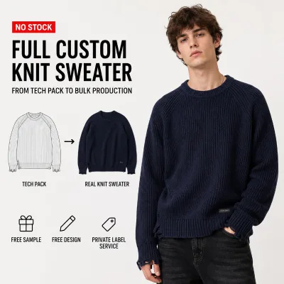 Custom Sweater Producer Mens Navy Blue Ribbed Heavyweight Knit Raglan Sleeve Distressed Raw Hem Oversized Warm Pullover Sweater