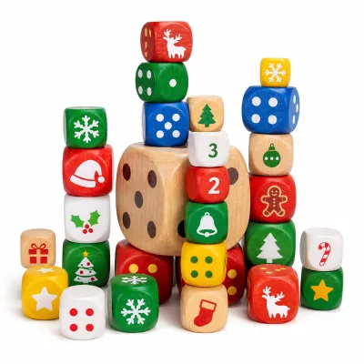 Hot Sale OEM Custom Logo Multi-Color Christmas Theme Engraved Wooden Dice for Holiday Party Board Game