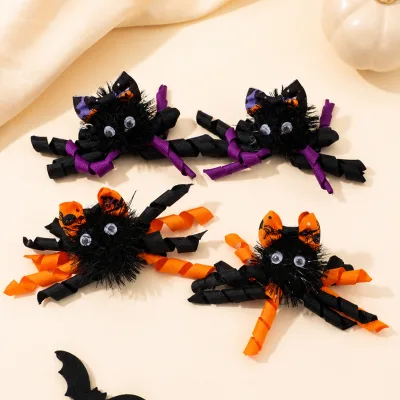 2Pcs Halloween Spider Hair Clips Pom Pom Korker Ribbon Curly Legs Hair Accessories for Girls Kids Trick or Treat Party Wholesale