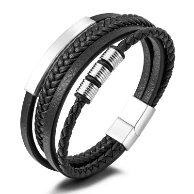 OEM Accept High Quality Vintage Woven Stainless Steel Bracelet Men's Titanium Steel Magnet Clasp Multi-layer Leather Bracelet