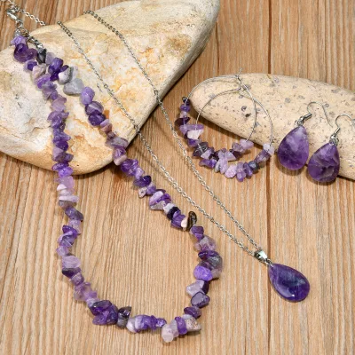 Bohemia 4-Piece Set Waterdrop Natural Stone Necklace Earrings Crystal Rhinestone Jewelry Set Women's Wholesale Gift Holiday New