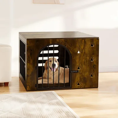 Heavy Duty Wood Dog Crate Furniture Wood Pet Cage with Feeder Dog House Dog Kennel Wih Bowls Wood Furniture for Small Medium Dog