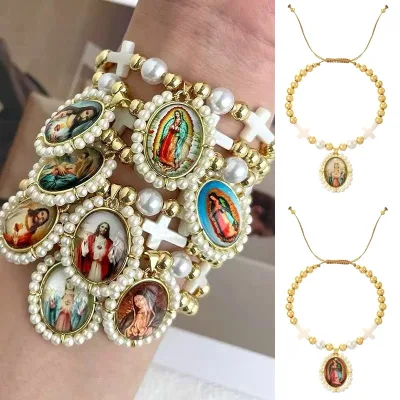 CH-HDT0978 Colorful Religion Pendant Bracelet,Virgin Mary San Benito St Jude Pearl Shell Bead Bracelet,Shell Cross Bead Bracelet
