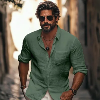 New Casual Shirt for Men Breathable Casual Long-sleeve Chinese-style Pocket Shirt With A Turn-down Collar