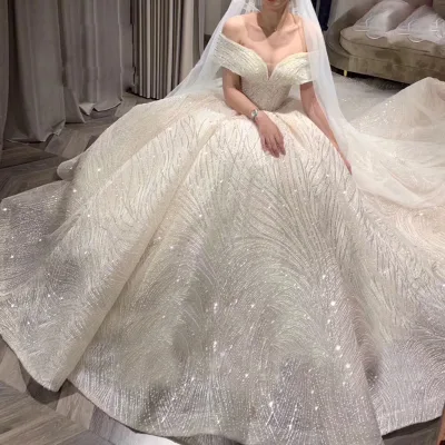 Elegant Wedding Dress High Waist Luxury Tail Wedding Dress High Quality Lace Bling Wedding Bride Gown