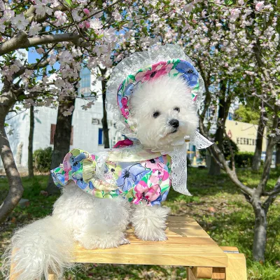 Summer Pet Floral Princess Dress with Sunhat Set Breathable Lace Outfit for Small Dogs Cats Summer Apparel Pet Dresses Clothes
