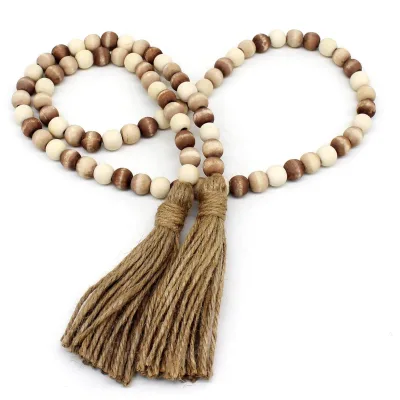 Wood Beads Garland Tassels Farmhouse Rustic Prayer Bead String Eco-Friendly Tabletop Accent Living Room Home Festival Decor Mix