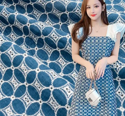 Wholesale Denim Blue Floral Shape Textile Lace 152Cm 40% Cotton 60% Nylon Embroidered Lace Fabric for Garments