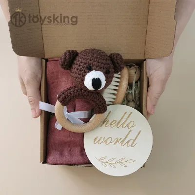 Baby Teeth Box Set with Wooden Rattle Handmade Teether Toys & Bath Blanket for Newborns