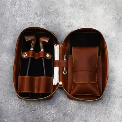 Fox Leather Retro Pipe Bag Tobacco Accessories Storage Bag Double Pipe Bag